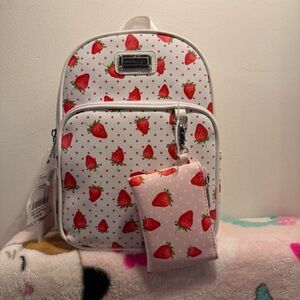Madden Girl Strawberries print mini backpack with matching wallet NWT